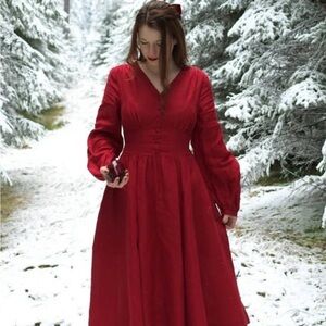 Son De Flor Diane Bell Sleeve Linen Dress red Poppy Small